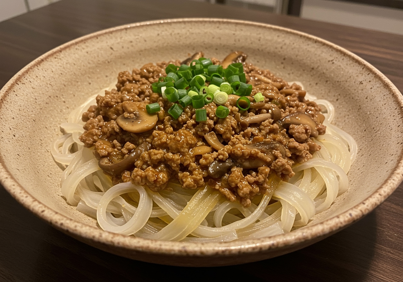 A bowl of shirataki noodles with a rich, slightly spicy minced meat and mushroom sauce.