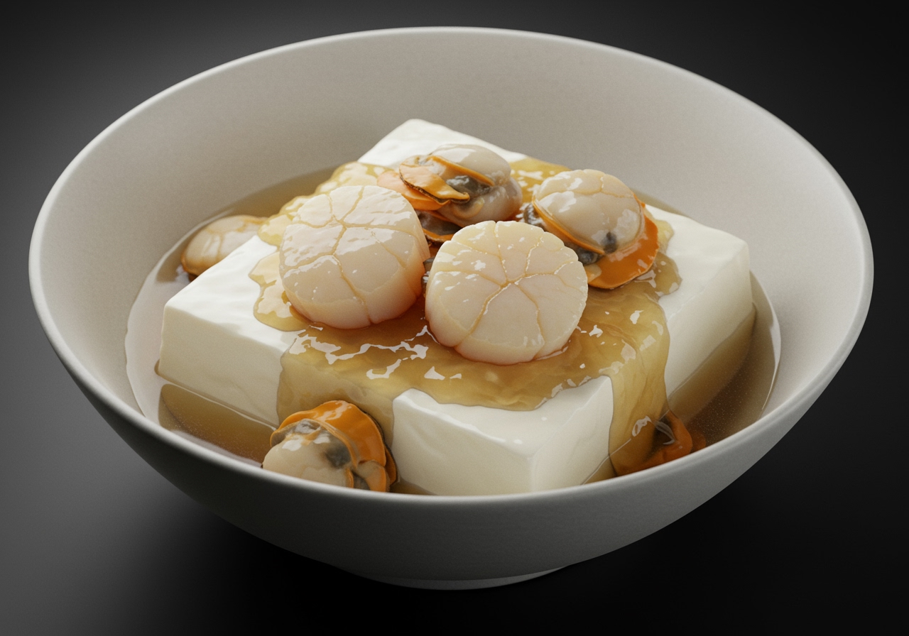 A bowl of やわらかホタテのあんかけ豆腐, showing soft tofu, plump scallops, and a glossy, warm sauce.