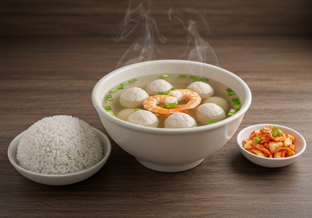 A bowl of shrimp ball soup served with a side of steamed rice and perhaps a small portion of pickled vegetables, showing a complete meal idea.