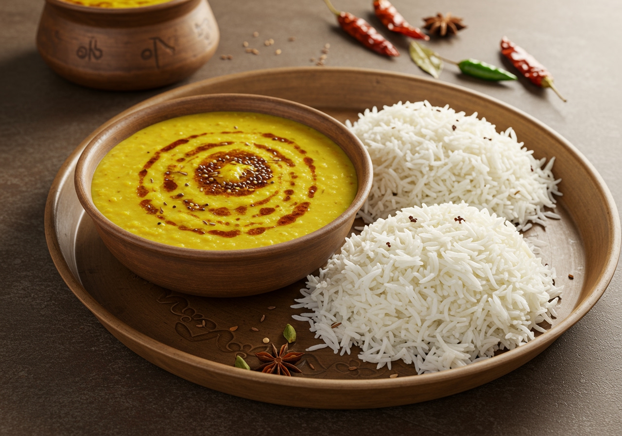 A bowl of simple Dal Tadka (yellow lentil curry) with a swirl of tempered spices on top, served with a side of rice, on a traditional Indian plate setting.