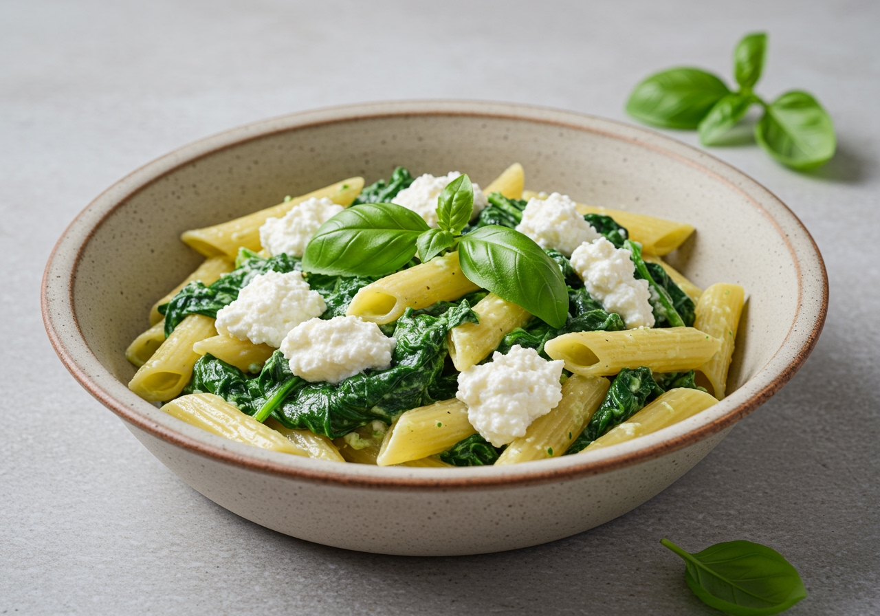 A bowl of simple pasta dish mixed with spinach and creamy ricotta cheese.