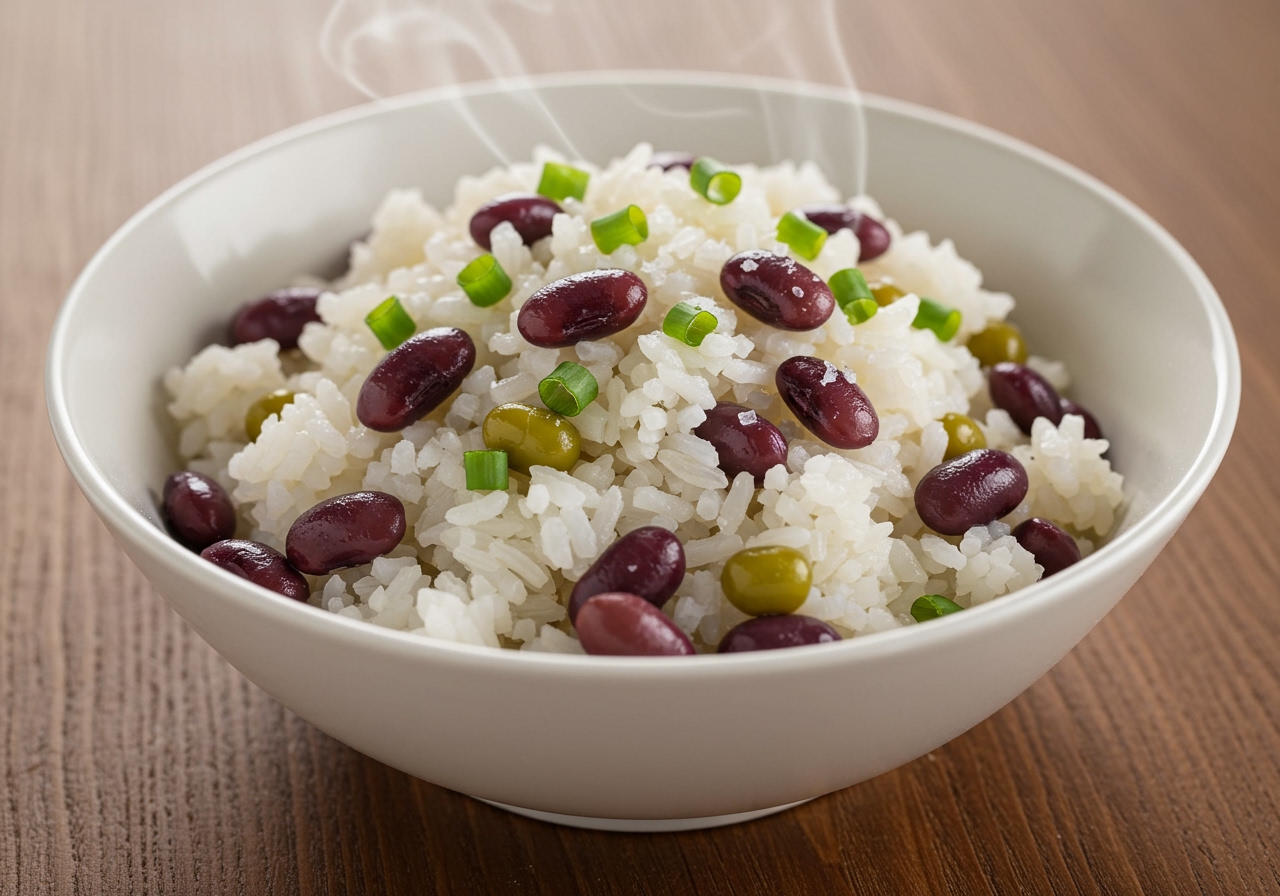 A bowl of steaming white rice mixed with vibrant green and slightly purple cooked purple hull peas, garnished with a sprinkle of sea salt and chopped green onions, on a wooden table.