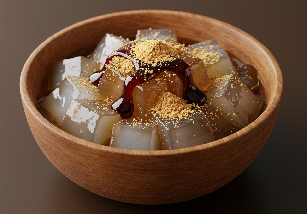 A bowl of sweet ところてん with black sugar syrup (kuromitsu) and kinako powder.