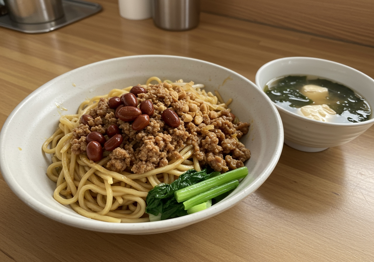 A bowl of Taiwanese Liang Mian served with a side of Miso Soup, common pairing in Taiwan