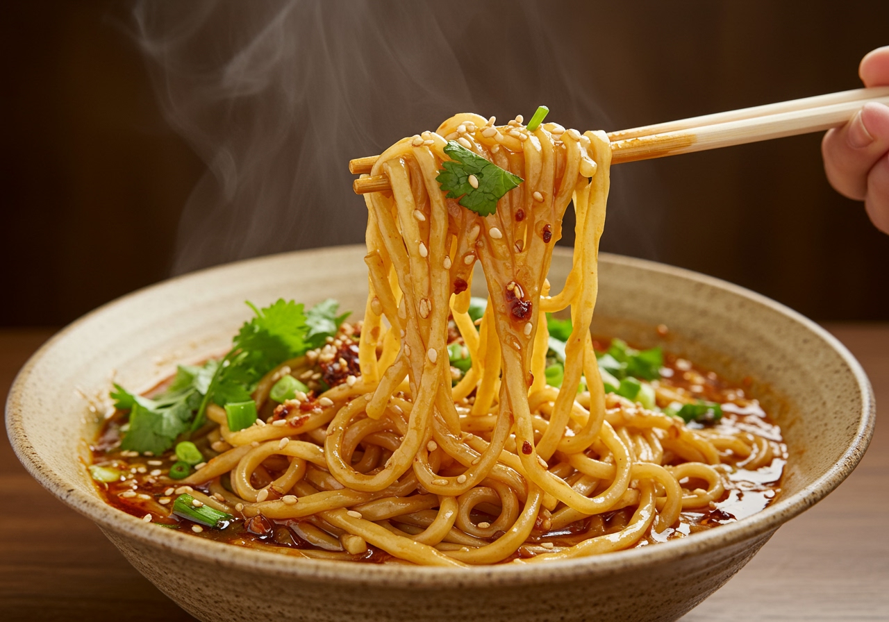 A bowl of Taiwanese Liang Mian with chopsticks lifting some noodles coated in thick sesame sauce