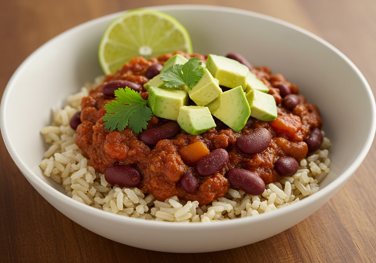 A bowl of three-bean chili served over brown rice, topped with chopped avocado, cilantro, and a lime wedge.
