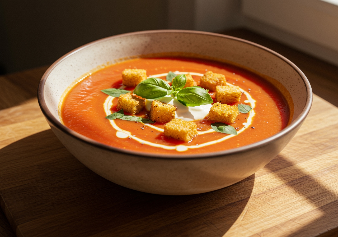A bowl of tomato soup with various toppings like croutons, fresh basil leaves, and a swirl of cream. The bowl is on a wooden table.
