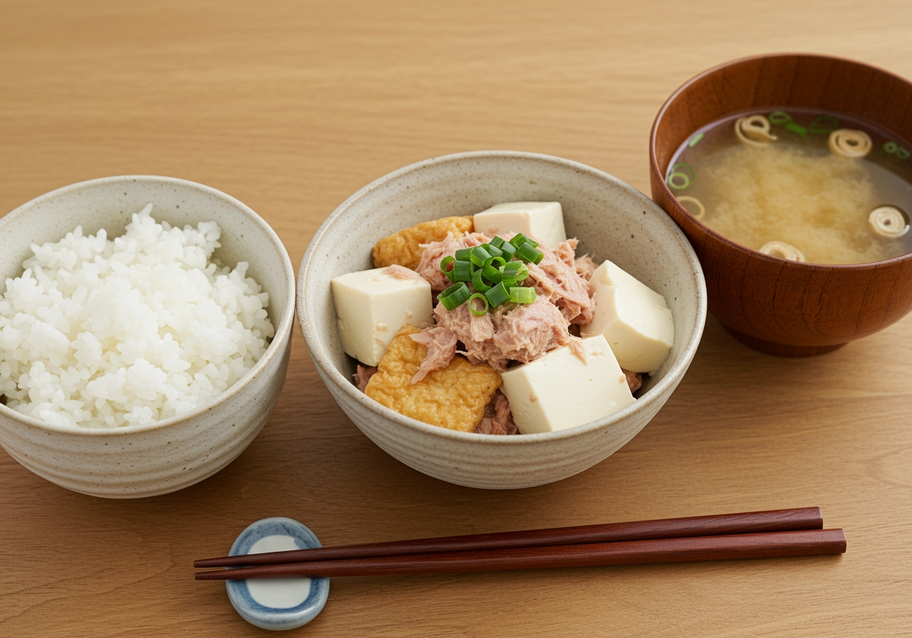 A bowl of tuna and tofu aemono served as part of a simple Japanese meal including a small bowl of rice and a cup of miso soup, highlighting its role in a balanced meal.