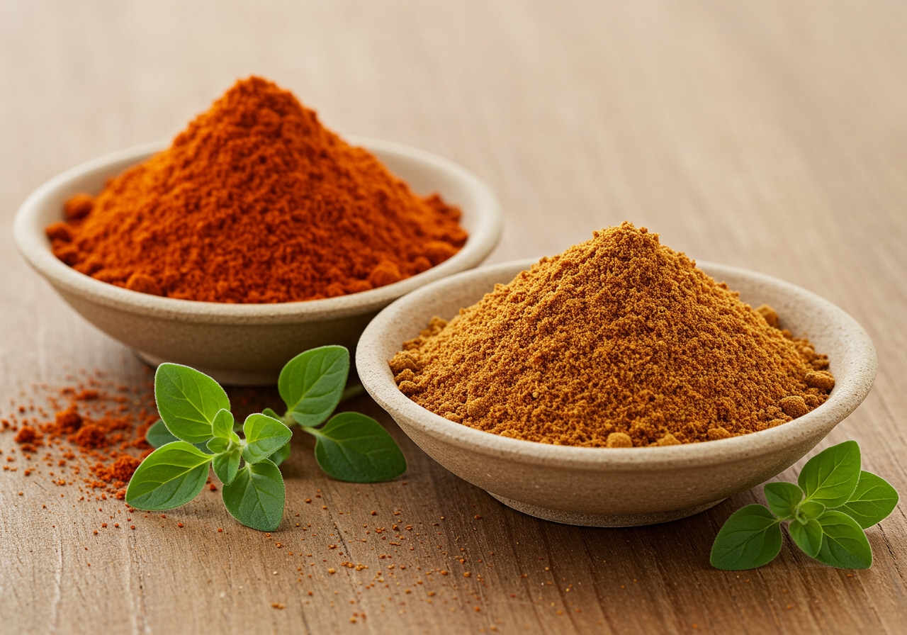 A bowl of vibrant red paprika powder and a bowl of earthy brown cumin powder, with fresh oregano sprigs on a wooden background.