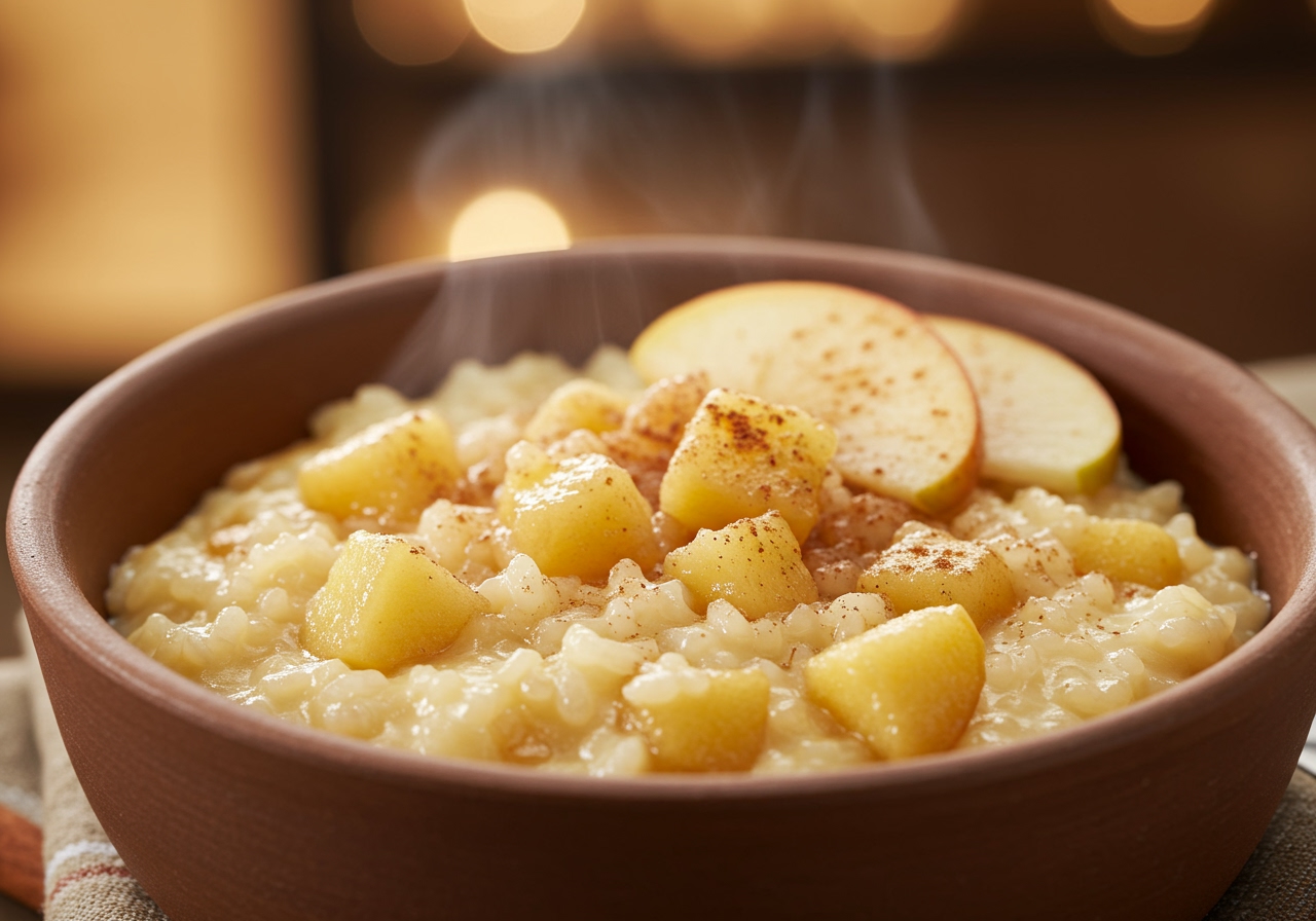 A bowl of warm apple rice pudding topped with a sprinkle of cinnamon and a few extra apple slices, steam gently rising.