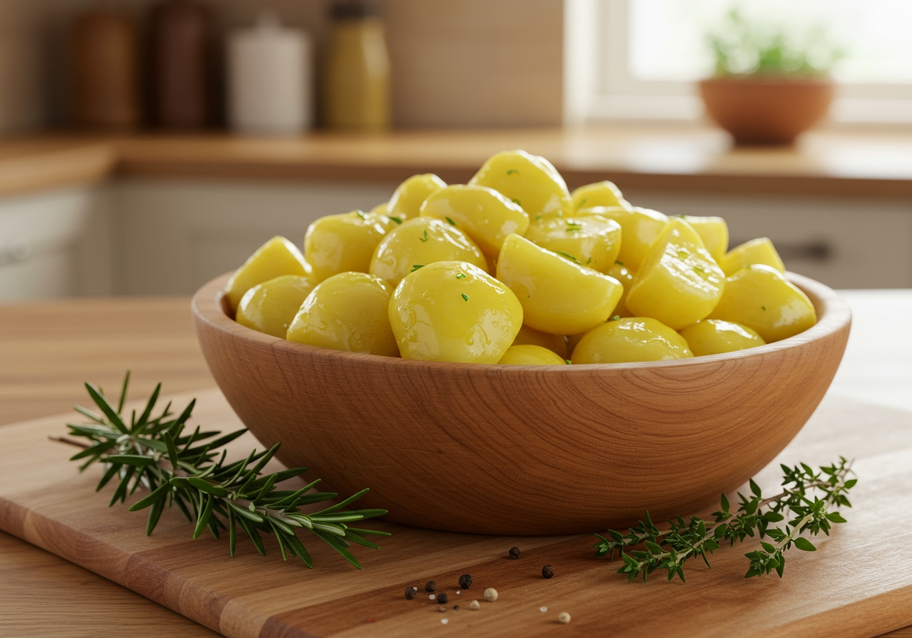 A bowl of washed and chopped potatoes, ready for roasting, with fresh herbs like rosemary and thyme beside them, and a drizzle of olive oil.
