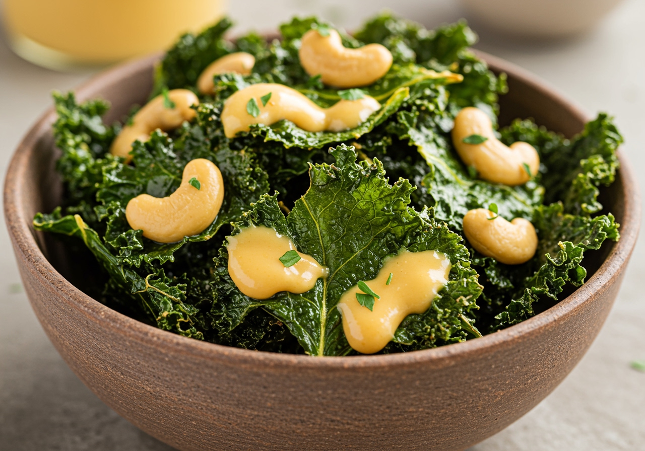 A bowl overflowing with crispy, golden-green kale chips coated in cashew cheese sauce.