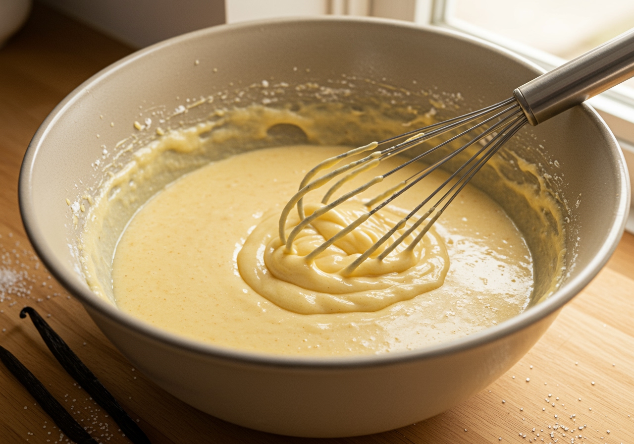 A bowl with pudding cake batter being mixed with a whisk or rubber spatula.