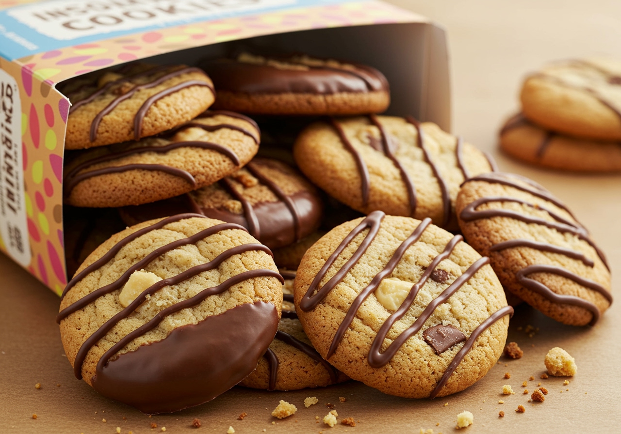 A box of assorted Insomnia Cookies flavors, some with melted chocolate, piled up slightly, ready to be shared.