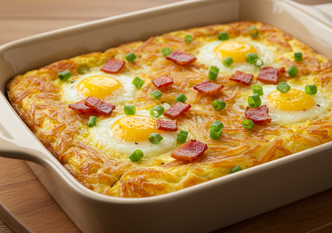 A breakfast hash brown casserole filled with scrambled eggs, crispy bacon bits, and chopped green onions, ready to be served.