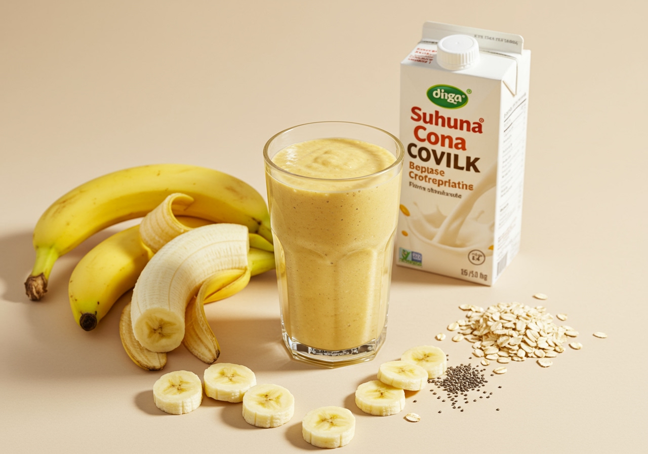A bright, aesthetically pleasing flat lay of a glass of banana smoothie surrounded by bananas, a carton of soy milk, and perhaps some chia seeds or oats