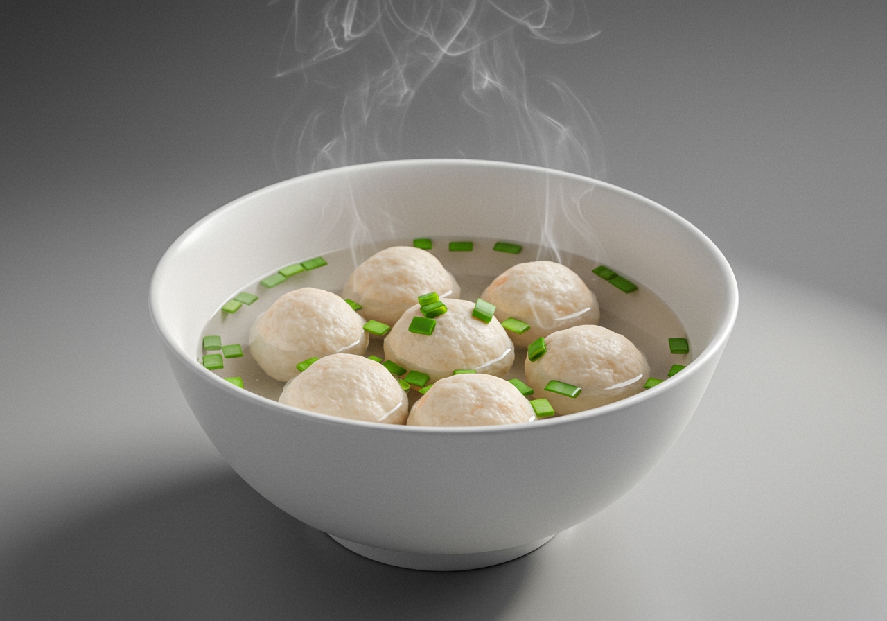 A brightly lit, inviting bowl of shrimp ball soup with steam rising. The soup contains soft-looking shrimp balls, chopped green onions, and perhaps some small pieces of carrot or mushroom, presented on a simple, clean background suitable for a food blog.
