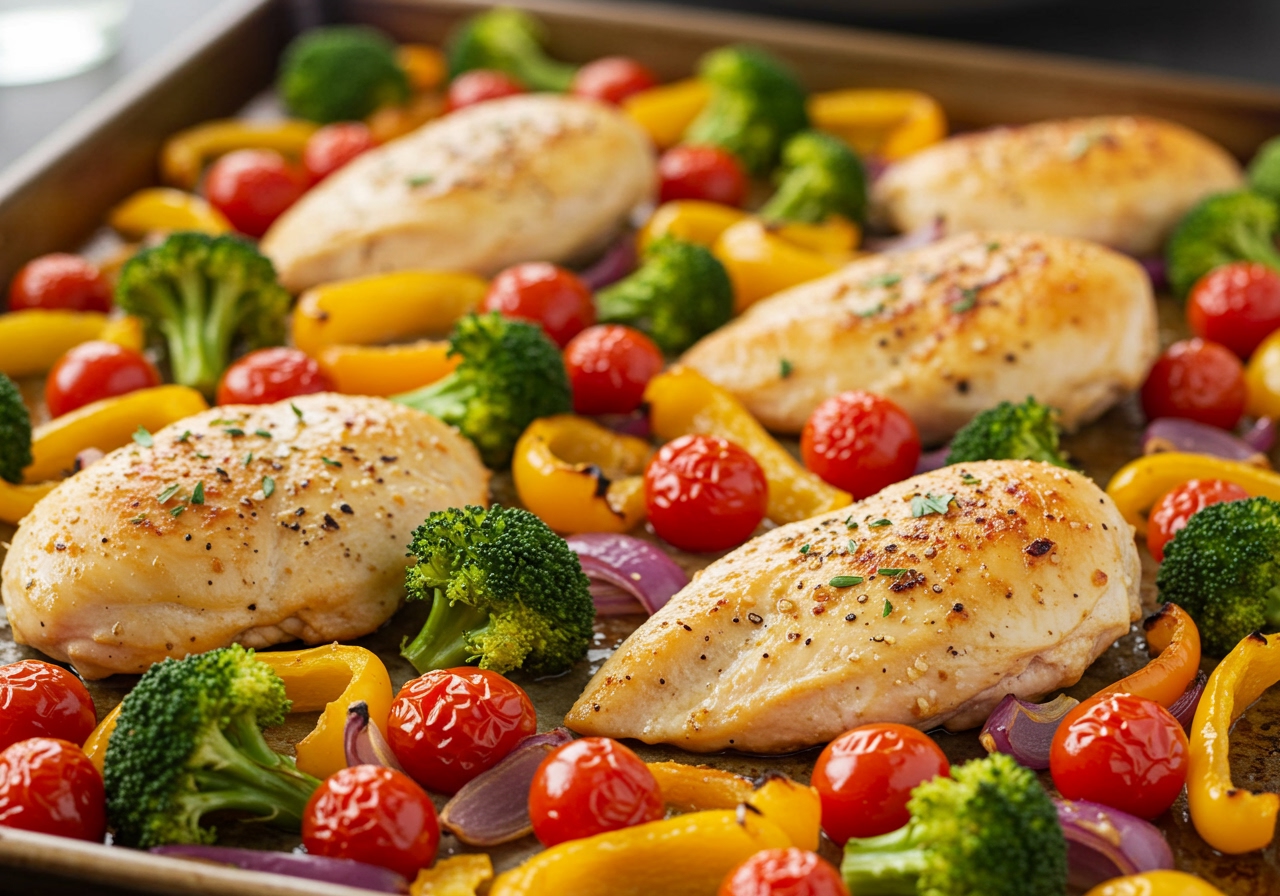A brightly lit photograph of a finished sheet pan meal featuring golden-brown chicken breast pieces and colorful roasted vegetables like broccoli, bell peppers, and cherry tomatoes, fresh out of the oven.
