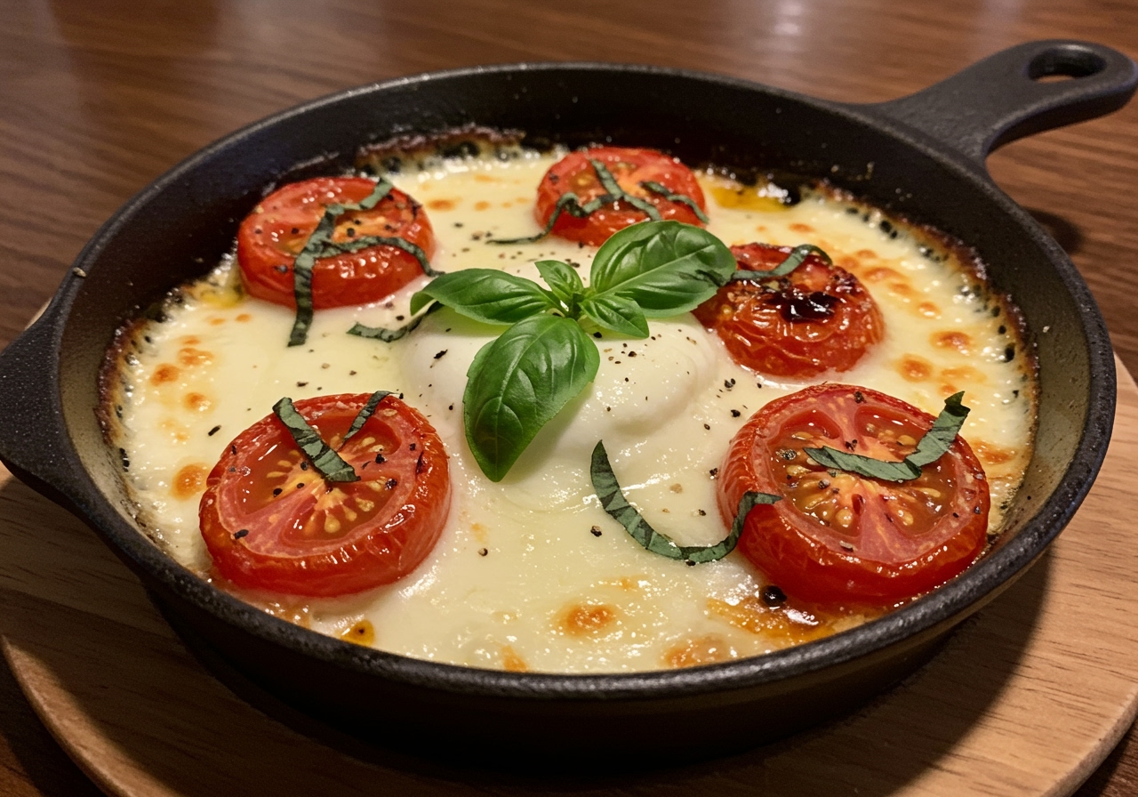 A bubbling hot baked Caprese dish with melted mozzarella, roasted tomatoes, and fresh basil, served in a small cast iron pan.