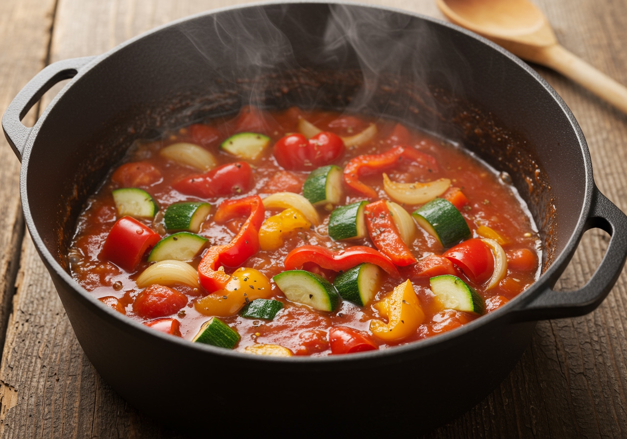 A bubbling pot of healthy tomato sauce simmering with lots of colorful vegetables.
