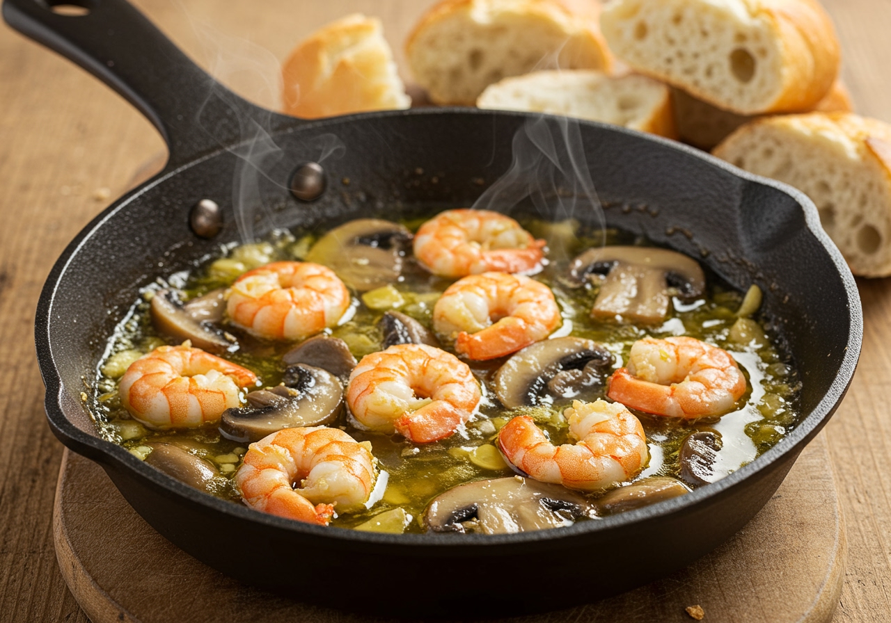 A bubbling shrimp and mushroom ajillo in a rustic skillet, with sliced baguette pieces nearby.