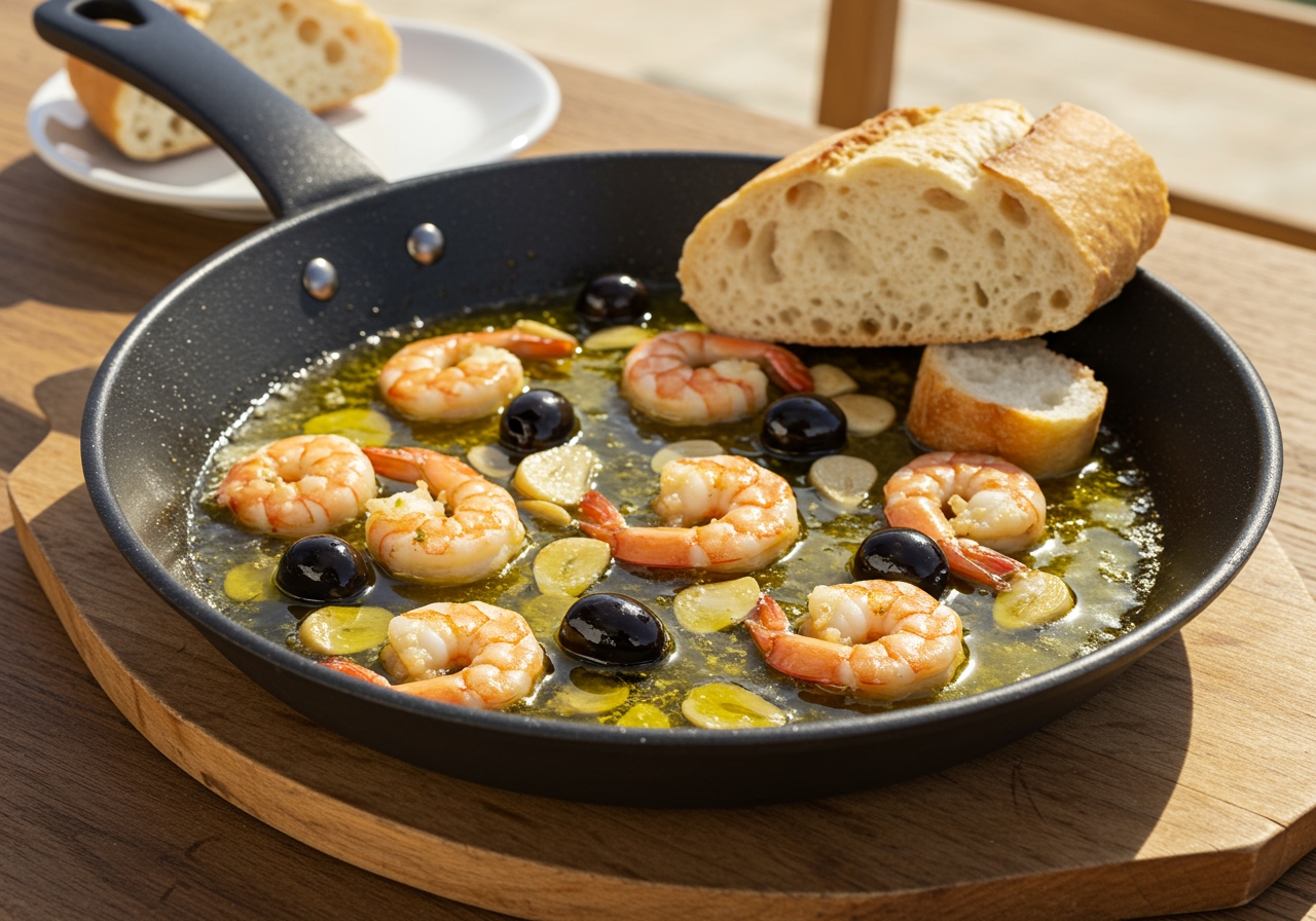 A bubbling skillet of ajillo with black olives, garlic, and shrimp, served with sliced baguette.