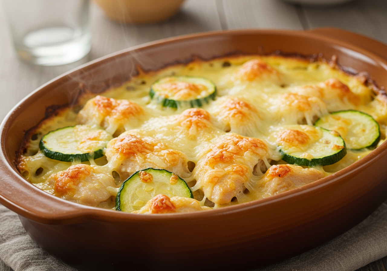 A bubbling zucchini and chicken casserole fresh out of the oven, with melted cheese on top