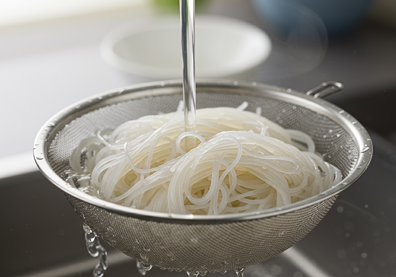 A bundle of somen noodles being rinsed under cold running water, ready to be served cold.