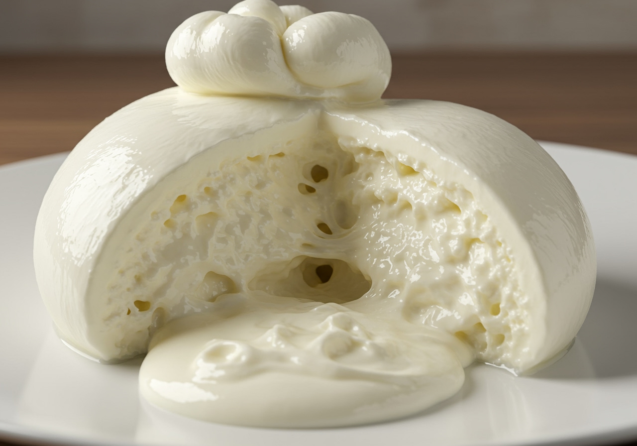 A burrata cheese ball cut open, revealing the creamy, stringy stracciatella and rich cream oozing out onto a plate, with a focus on the luxurious texture.
