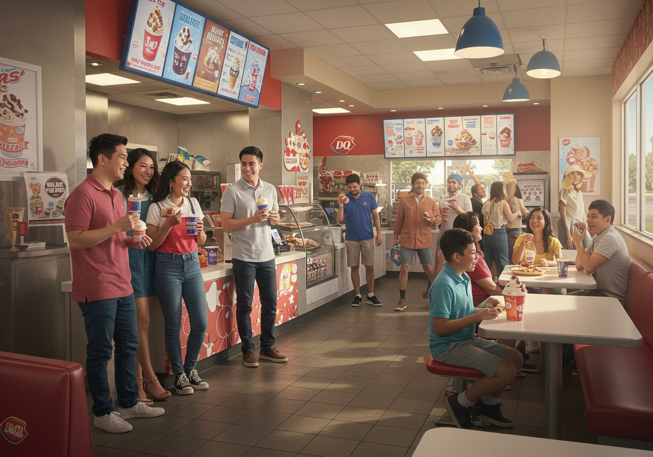 A bustling Dairy Queen restaurant in 2025, with diverse customers enjoying new menu items. The atmosphere is joyful and modern, blending classic DQ branding with fresh aesthetics.