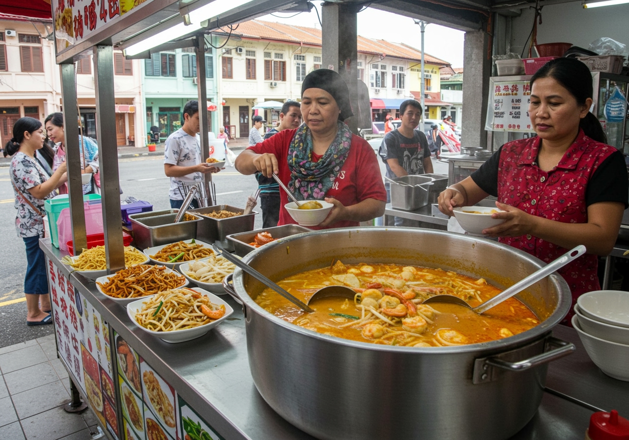 A bustling Malaysian street food stall selling various noodle dishes, with a focus on a pot of simmering Laksa soup.