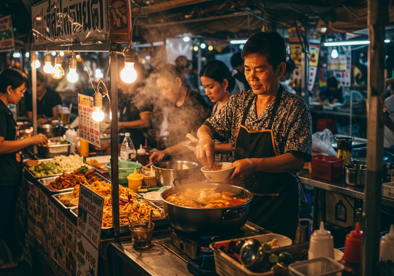 A bustling scene of a Thai night market with food stalls, focusing on a vendor preparing Tom Yum Goong.