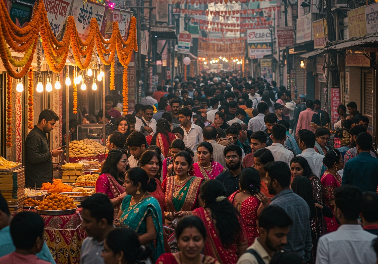 A bustling street scene in India during a festival, with food stalls selling sweets and snacks.