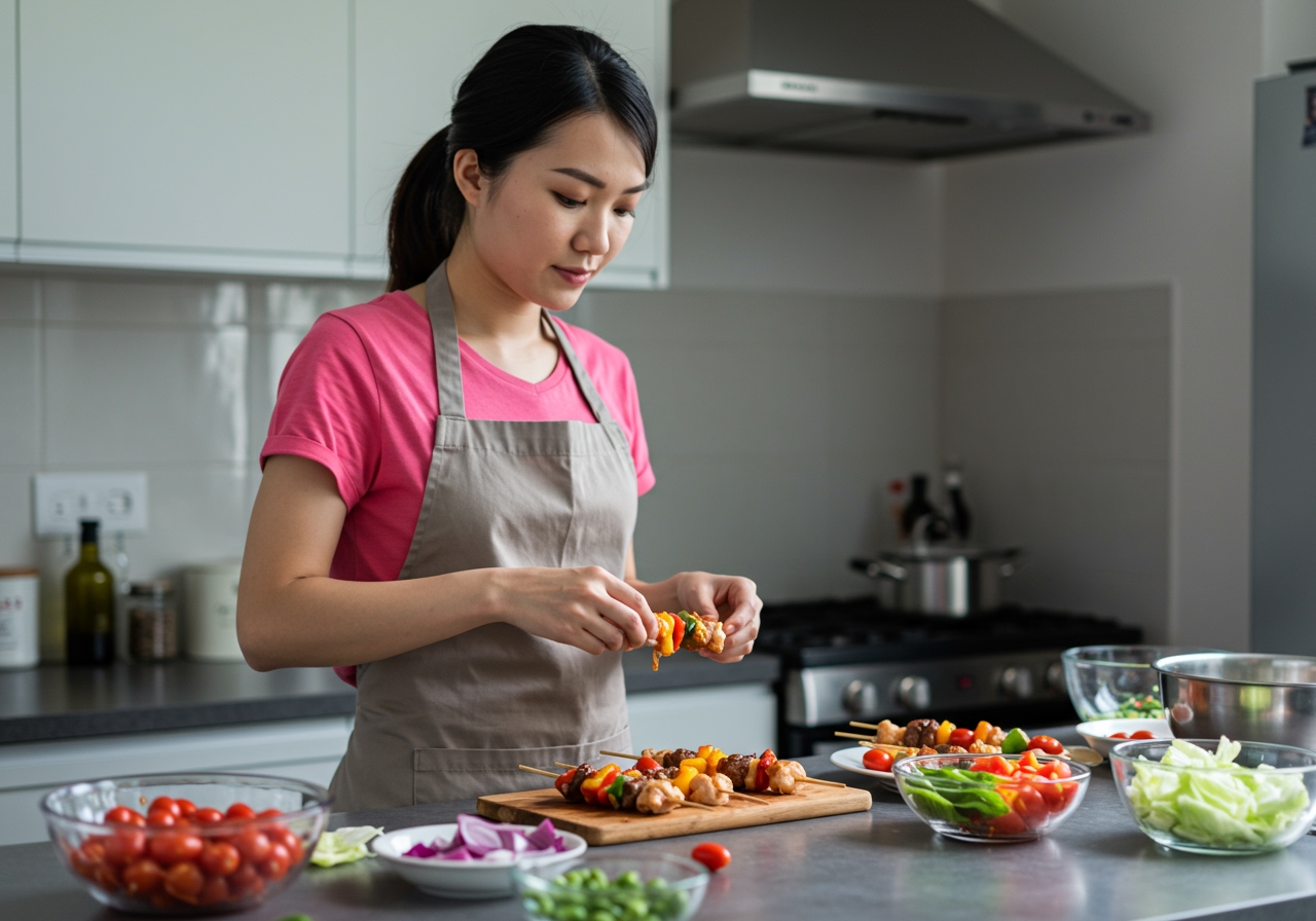 A busy person quickly assembling kebabs with pre-marinated meat and pre-chopped vegetables for a quick dinner.
