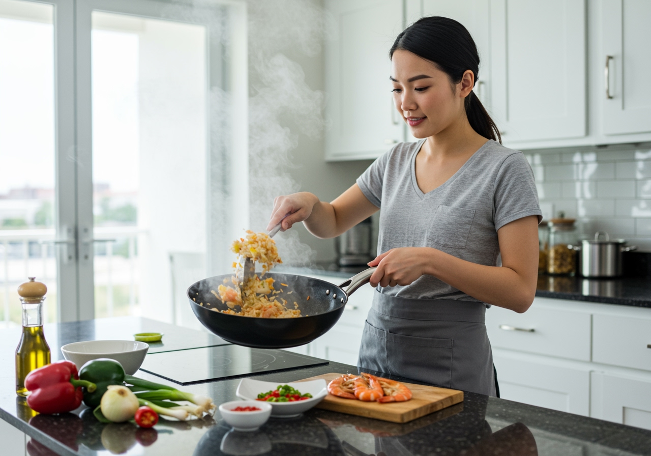 A busy person quickly preparing a delicious fried rice dinner in a modern kitchen, with steam rising from the wok and fresh ingredients on the counter.