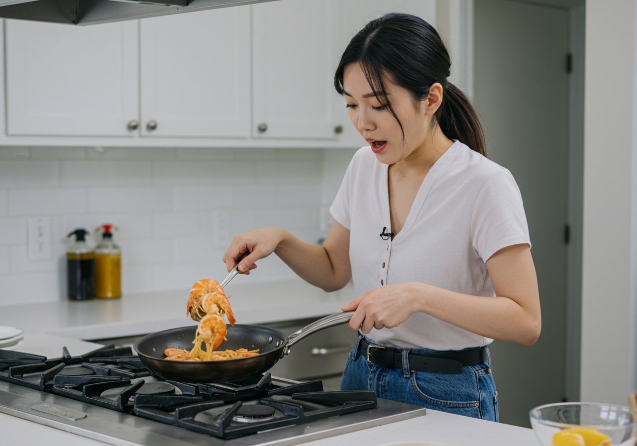 A busy person quickly preparing shrimp scampi in a kitchen, emphasizing the speed and ease.