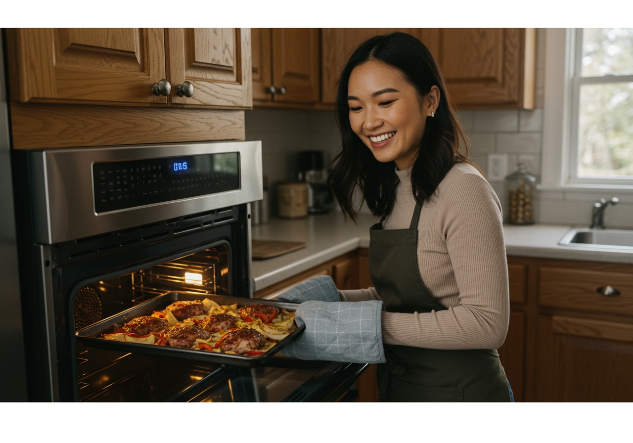 A busy person smiling while easily taking a sheet pan meal from the oven, representing the convenience and time-saving aspect of the technique.