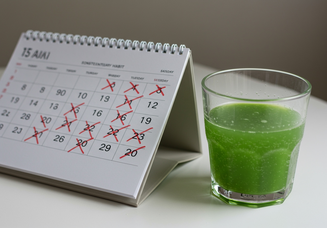 A calendar marked with X's on each day, next to a glass of aloe vera juice, symbolizing consistent daily habit.