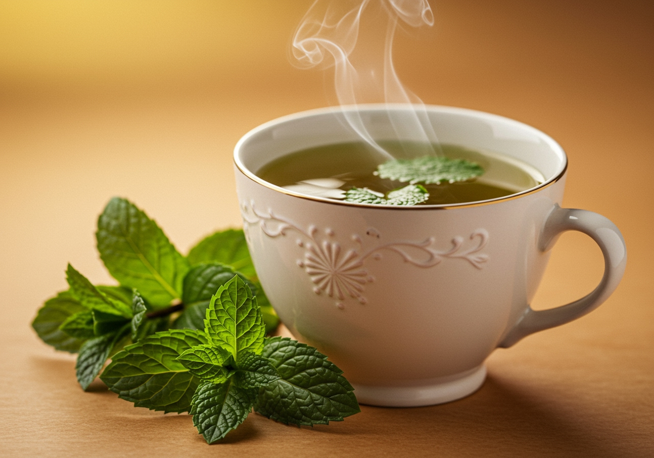 A ceramic tea cup filled with steaming mint tea, with fresh mint leaves beside it