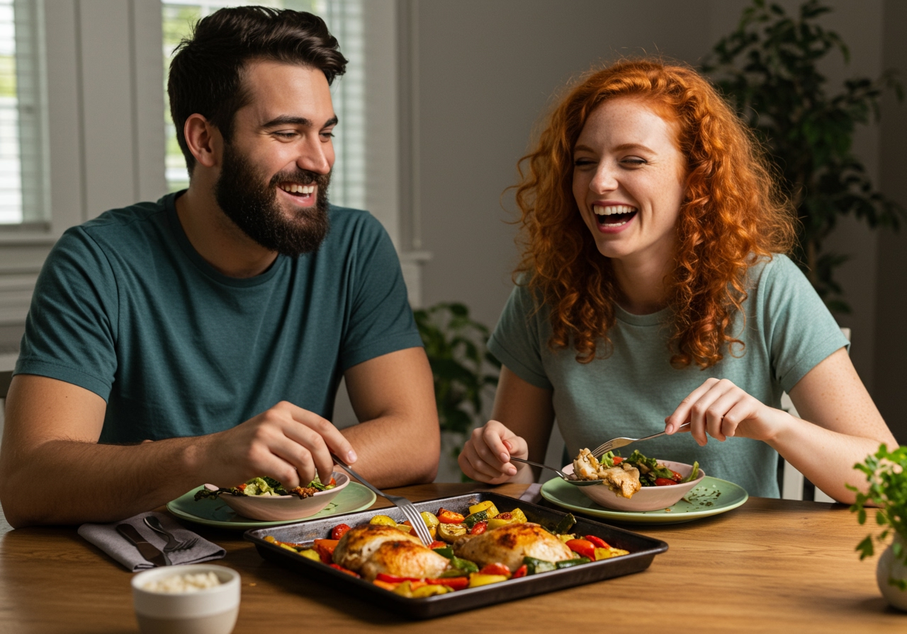 A cheerful couple enjoying their sheet pan chicken dinner at a dining table, emphasizing the ease and enjoyment of the meal.