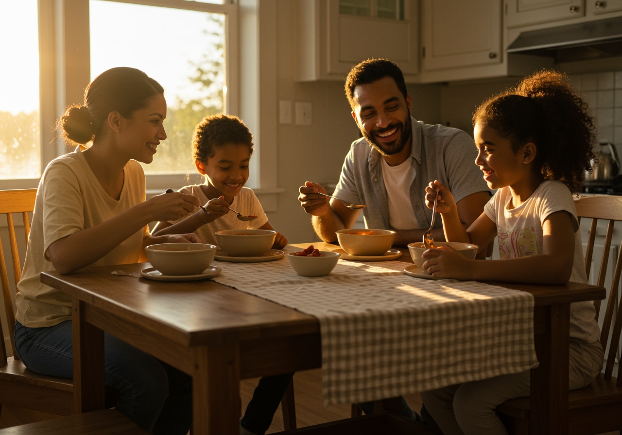 A cheerful family enjoying bowls of tomato soup together at a dinner table.