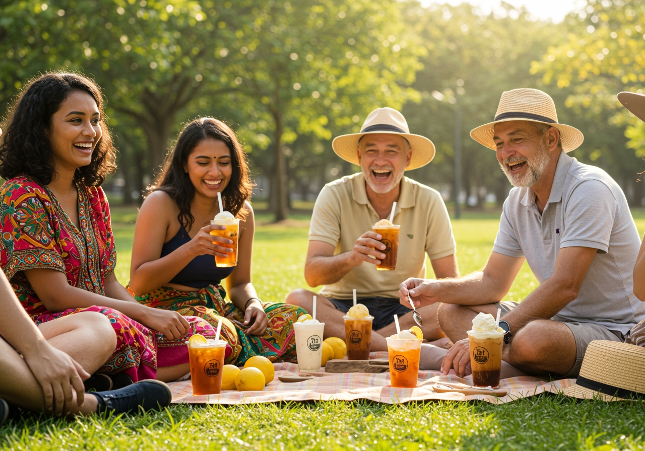 A cheerful scene of people enjoying iced Teh Tarik and its summer variations outdoors on a sunny day.