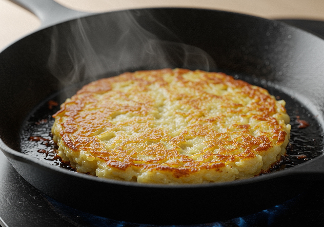 A cheese rösti cooking in a frying pan, showing a golden-brown crust forming.