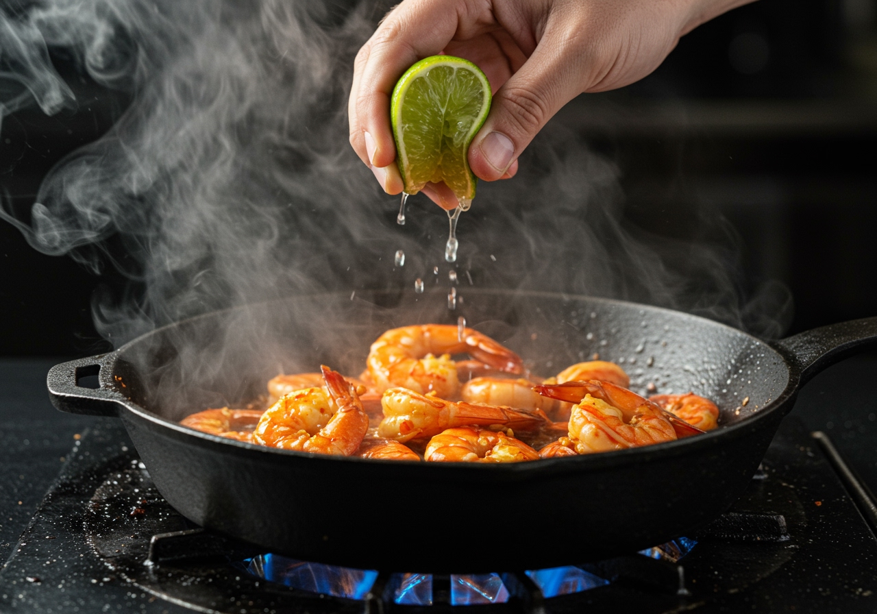 A chef's hand squeezing fresh lime juice over a sizzling pan of spicy chili lime shrimp, steam rising.