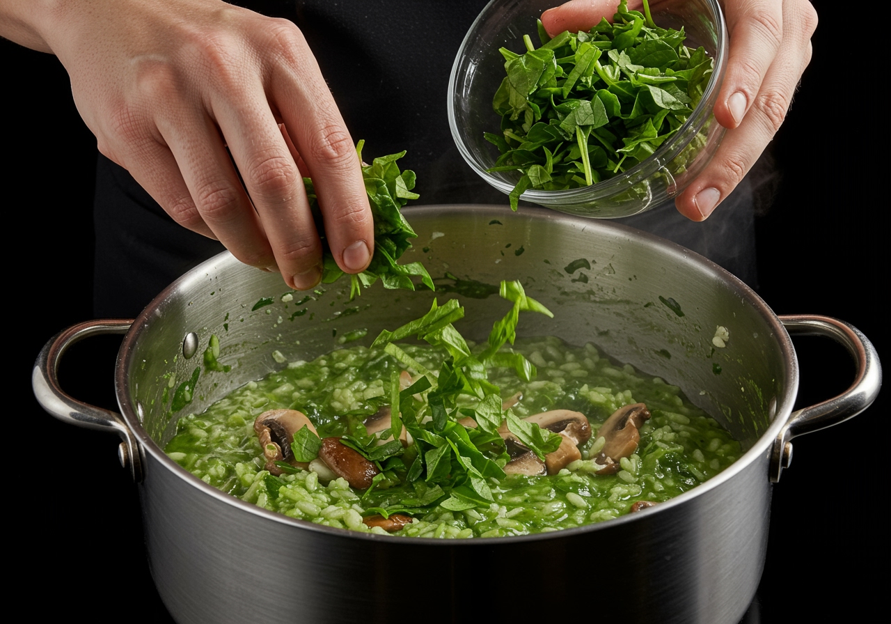 A chef's hands adding fresh, finely chopped spinach and mushrooms to a simmering pot of healthy risotto, the ingredients vibrant and colorful.