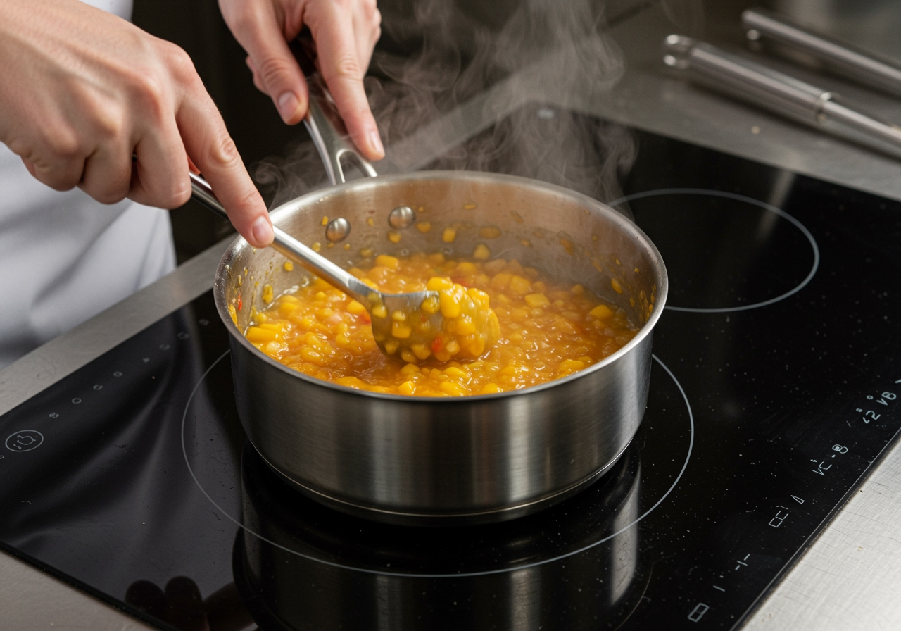 A chef's hands are expertly stirring a bubbling pot of spicy mango relish on a sleek stovetop. Steam gently rises from the thick, richly colored relish, highlighting the texture and well-combined ingredients. Cooking utensils are visible nearby.
