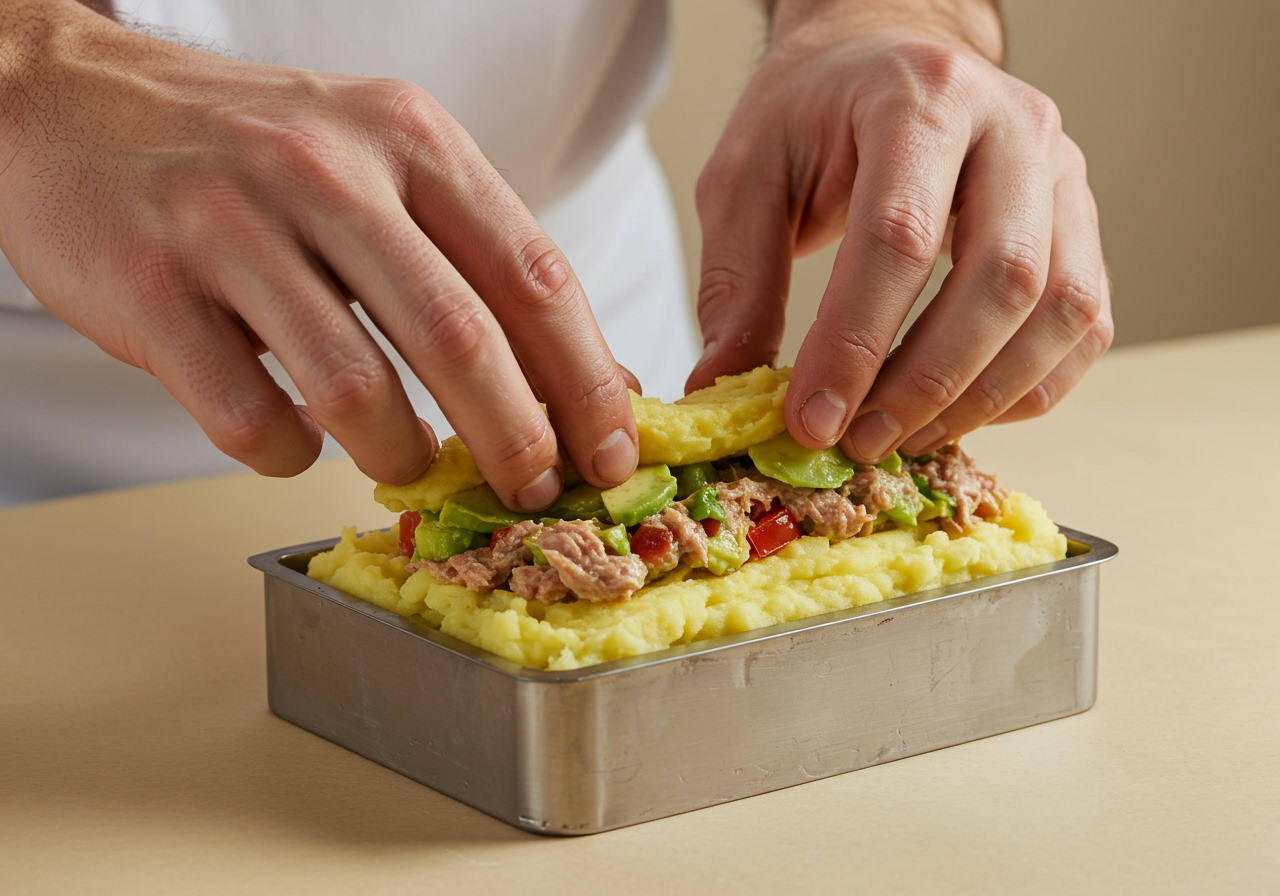 A chef's hands carefully layering the mashed potato base and tuna-avocado filling inside a rectangular mold to create a Causa Rellena.