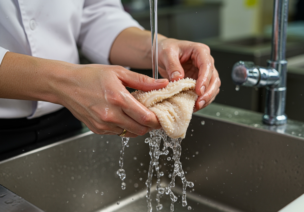 A chef's hands demonstrating the proper way to clean and prepare tripe, showing a clean piece of tripe under running water.