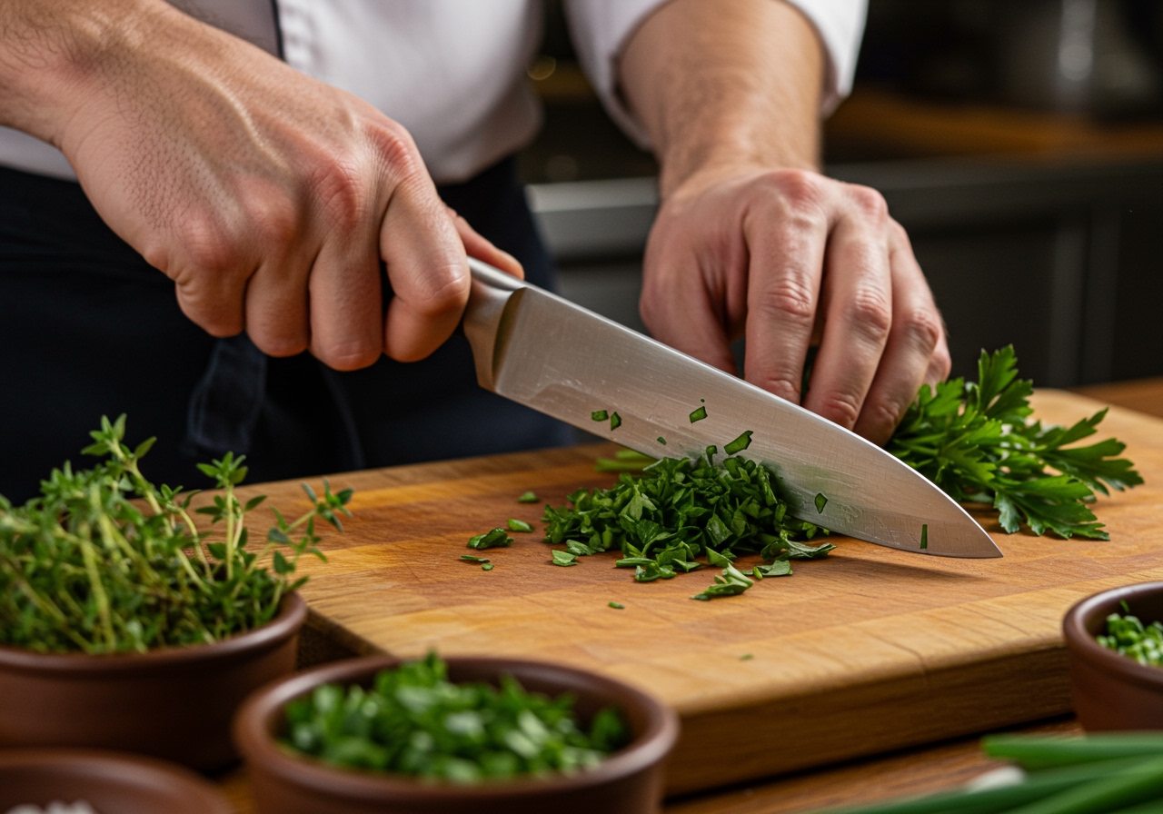 A chef's hands finely chopping fresh parsley on a wooden cutting board with a sharp knife. Other prepared herbs are in small bowls nearby.