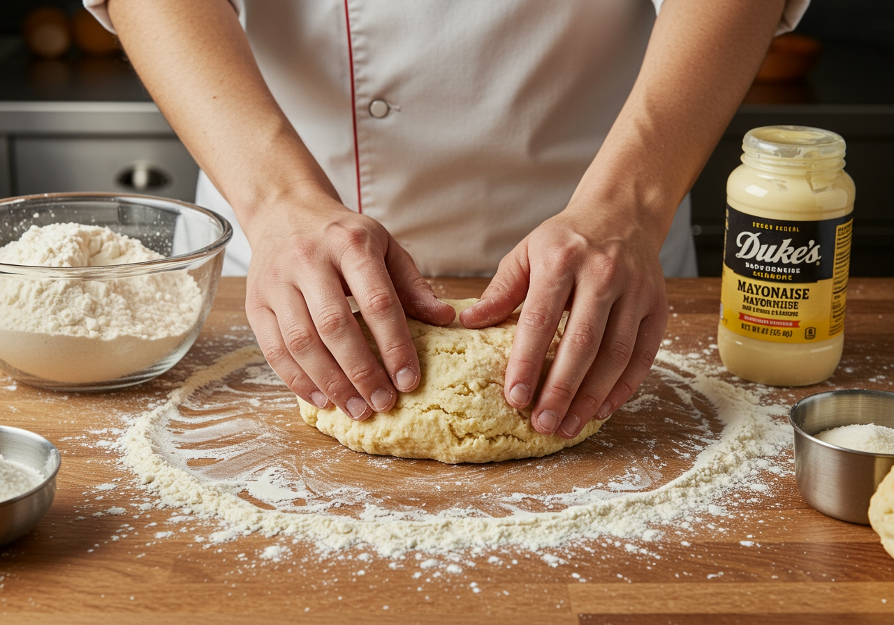 A chef's hands gently kneading biscuit dough on a floured surface, with a bowl of mixed dry ingredients and a measuring cup of Duke's Mayonnaise nearby, highlighting the hands-on process.